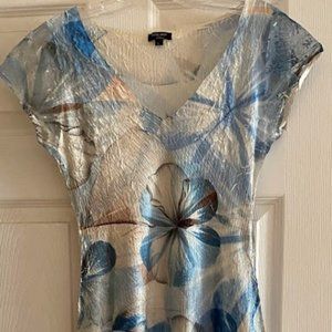 Komorov Dress Womens Size Large Crinkle Flutter Sleeve Print Midi Charmeuse Blue